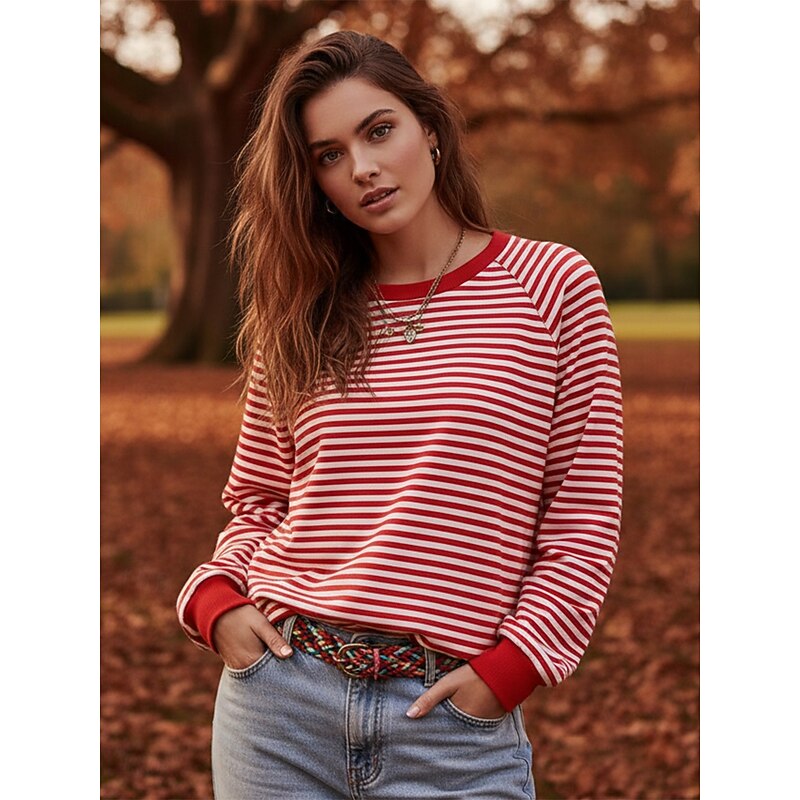 Women's Pullover Sweatshirts Striped Fashion Streetwear Classic Long Sleeve Crew Neck Round Neck Regular Tops Dailywear Casual Print Red Spring Fall3