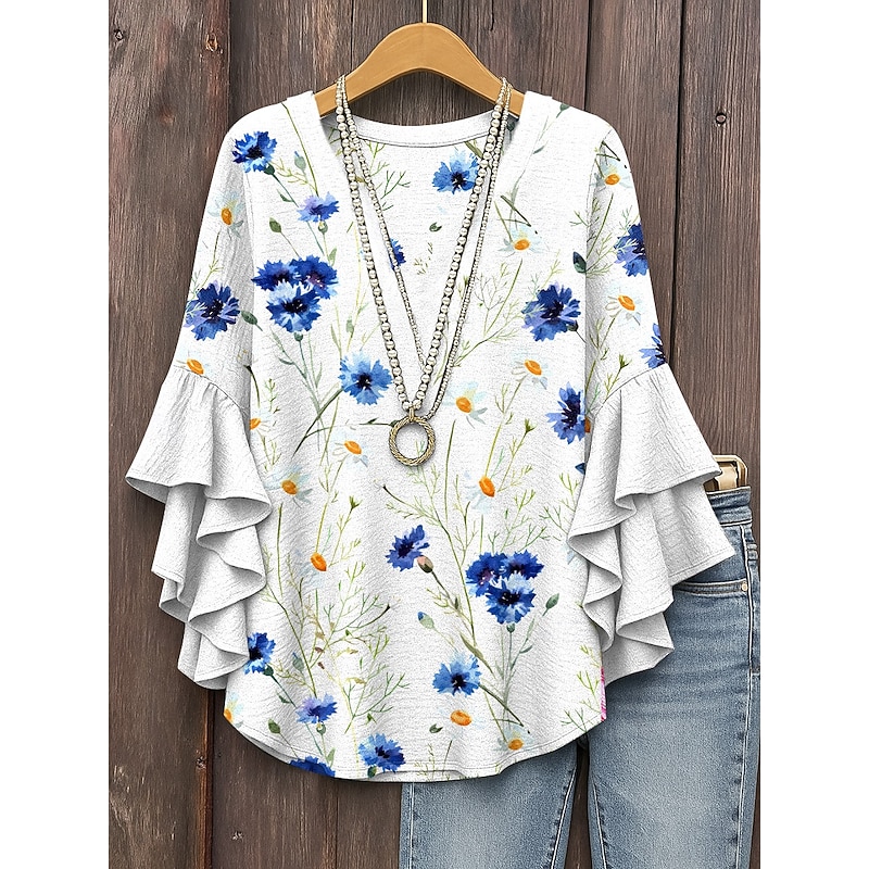 Women's Retro Blouse Layered Ruffle Sleeve Tops Vintage Floral Graphic Bohemia Vintage Daily 3/4 Length Sleeve Regular Tops Daily Holiday Vacation Wear Print White Blue Dusty Blue Orange2