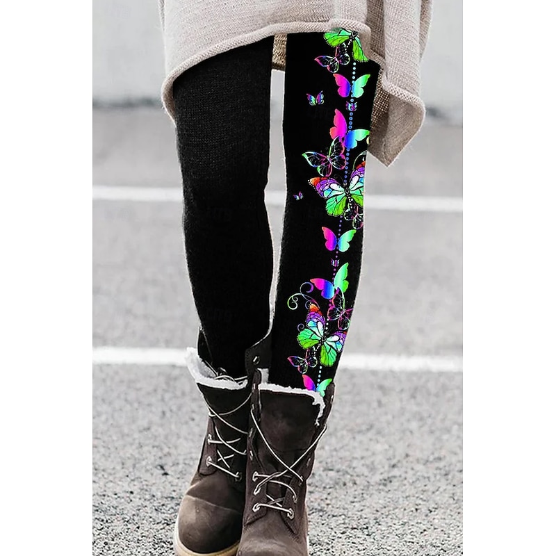 Women's Leggings Vacation Vintage Ethnic Style Full Length High Waist Graphic Butterfly 3D Print Quick Dry Breathability Soft Stretchy Outdoor Home Causal Blue Purple Green Fall Slim Fit3