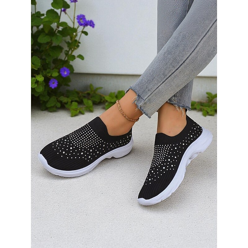 Women's Black Slip On Flyknit Sneakers with Rhinestone Detailing – Lightweight Casual Walking Shoes for Everyday Wear4