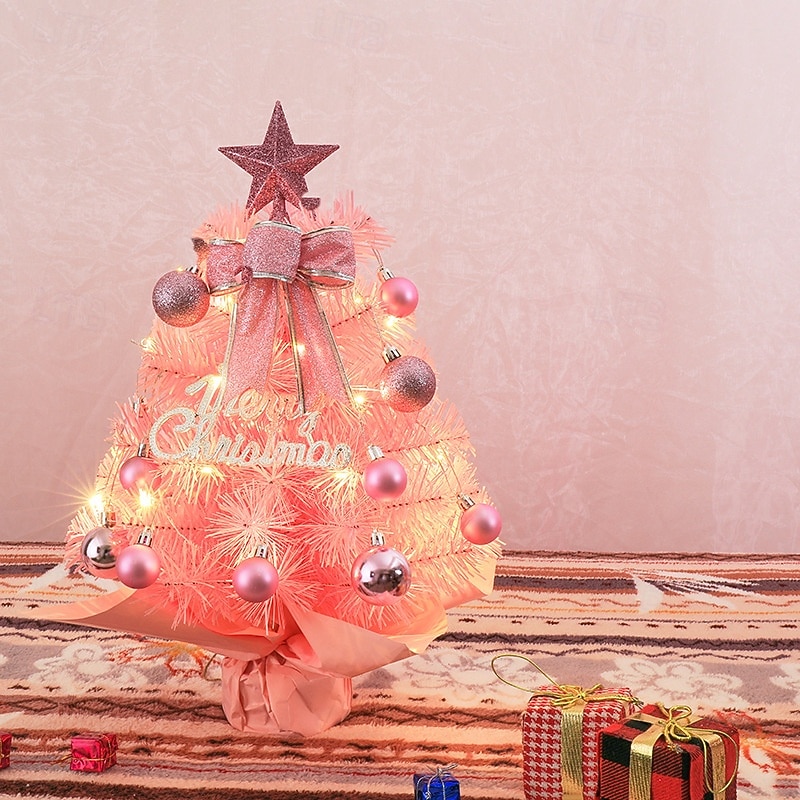 Tabletop Christmas Tree with Lights 45cm, Pink/Green Artificial Christmas Tree Mini Small Xmas Tree, with Christmas Ball Ornaments for Holiday Indoor DIY Christmas Decoration Gifts