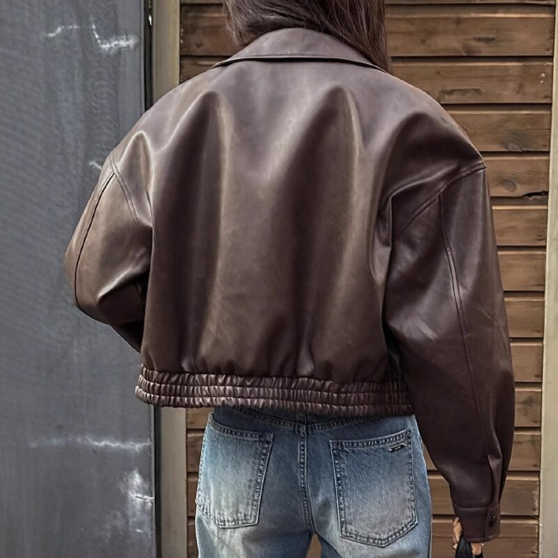 Women's Faux Leather Jacket Warm Comfortable Zipper Pocket Casual Plain Vacation Daily Wear Going out Weekend Regular Turndown Regular Fit Long Sleeve Outerwear Brown Fall Winter4
