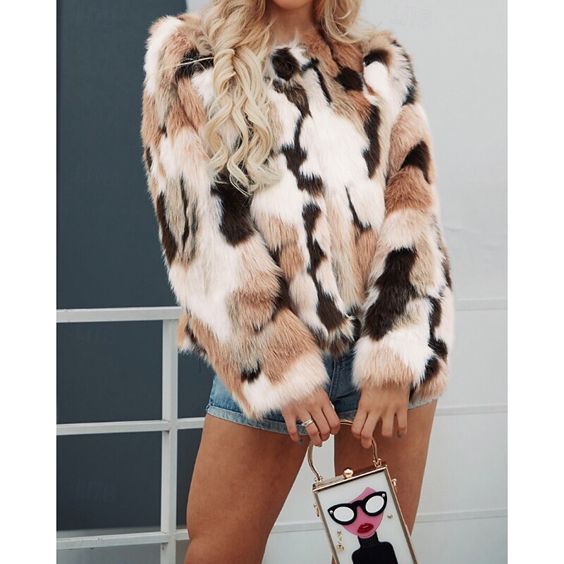Women's Faux Fur Coat Warm Comfortable Furs & Leathers Casual Tie Dye Vacation Street Casual Daily Wear Short Crewneck Regular Fit Long Sleeve Outerwear Khaki Fall Winter3