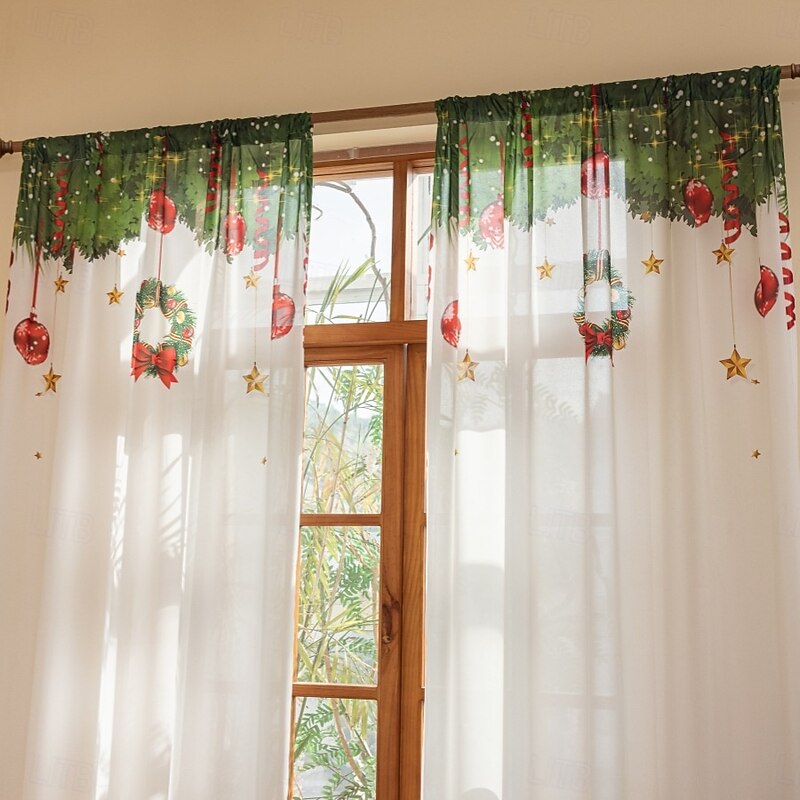 Modern Minimalist Christmas Digital Print Sheer Curtains, Home Decoration, Light-Transmitting Polyester Fabric Drapes2
