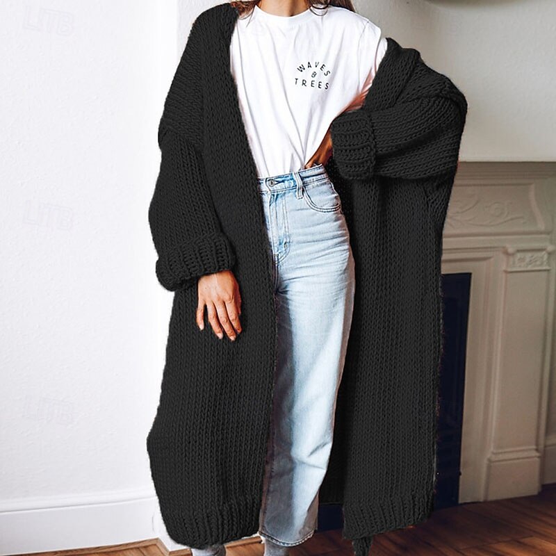 Women's Sweater Cardigan Streetwear Casual Solid Color V Neck Knitted Long Sleeve Long Tops Knit Daily Holiday Going out Wine Red Black Fall Winter3