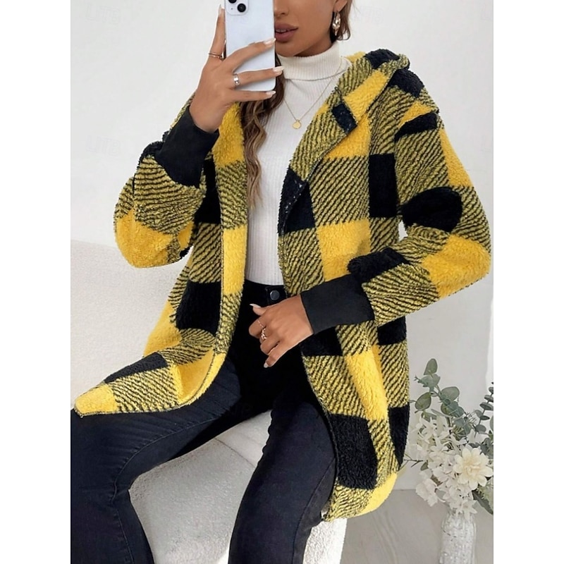 Women's Fleece Jacket Sherpa Jacket Comfortable Breathable Print Open Front Casual Plaid Vacation Street Casual Daily Wear Open Front Long Turndown Regular Fit Long Sleeve Outerwear Yellow Blue Green4