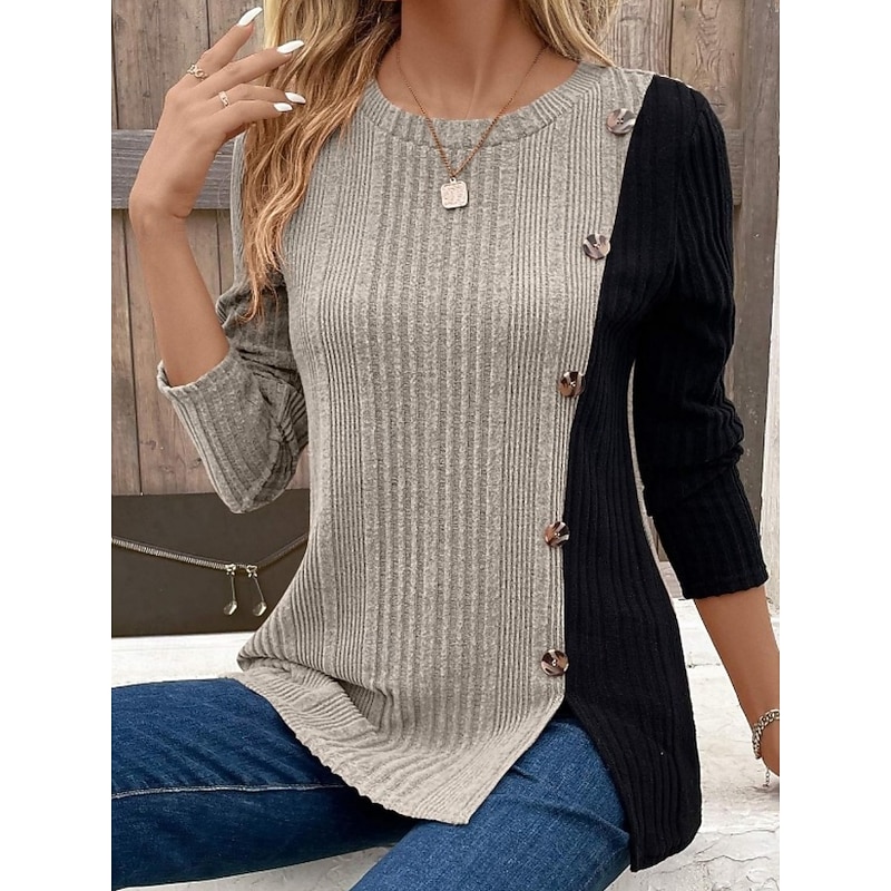Women's Blouse Solid Color Stylish Casual Long Sleeve Crew Neck Regular Tops Daily Buttons Khaki Spring Fall Winter