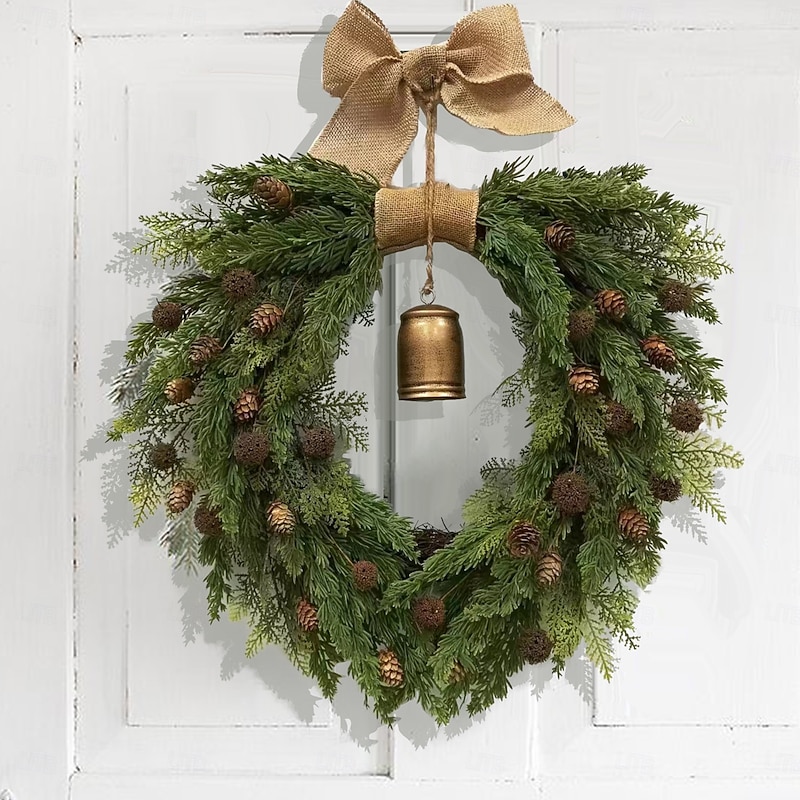 Christmas Pinecone and Bell Wreath, Heart-Shaped Burlap Bow, Vine Hoop Home Hanging Decor, Holiday Door Ornament, Festive Christmas Decoration