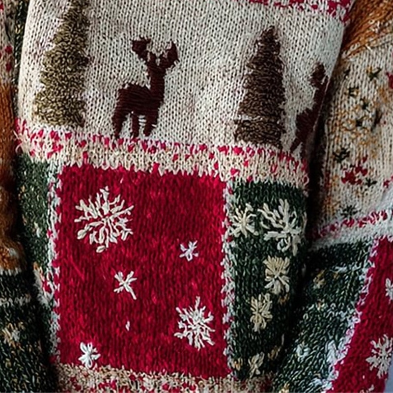 Women's Sweater Pullover Daily Casual Christmas Tree Reindeer Ribbed Crew Neck Knitted Print Long Sleeve Regular Tops Knit Christmas Outdoor Weekend Red Fall Winter3