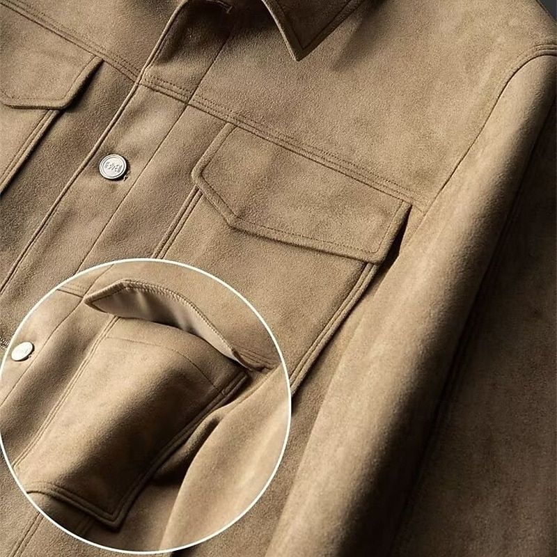 Men's Faux Suede Jacket Cargo Jacket Vacation Daily Wearproof Pocket Spring Fall Plain Fashion Classic Lapel Regular Black Brown Gray Jacket3