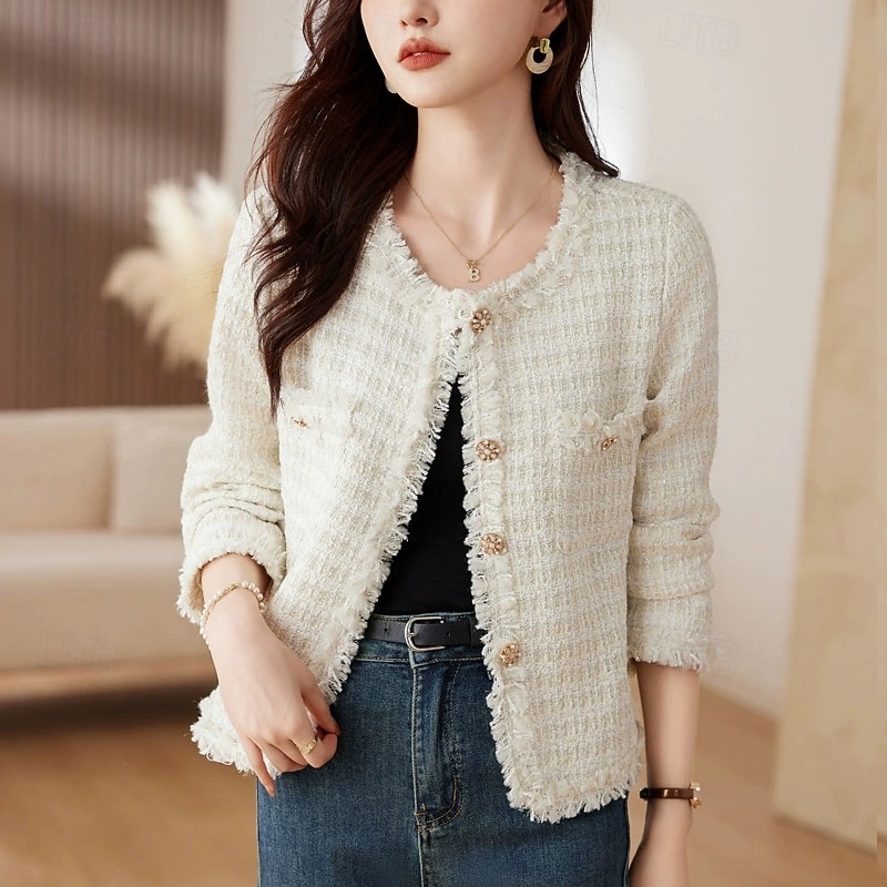 Women's Casual Jacket Warm Comfortable Pocket Buttons Fashion Outdoor Plain Going out Weekend Single Breasted Regular Crewneck Regular Fit Long Sleeve Outerwear Pink Apricot Spring Fall