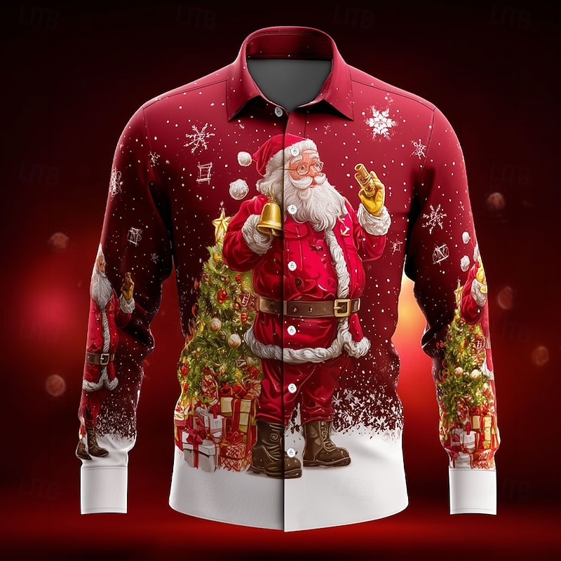 Christmas Men's Santa Claus Christmas Tree Christmas Bell Shirt Button Up Shirt Long Sleeve Funny Outdoor Holiday Spring Fall Turndown 3D Print Collared Shirts Red 1 Red 3 Red Red 23