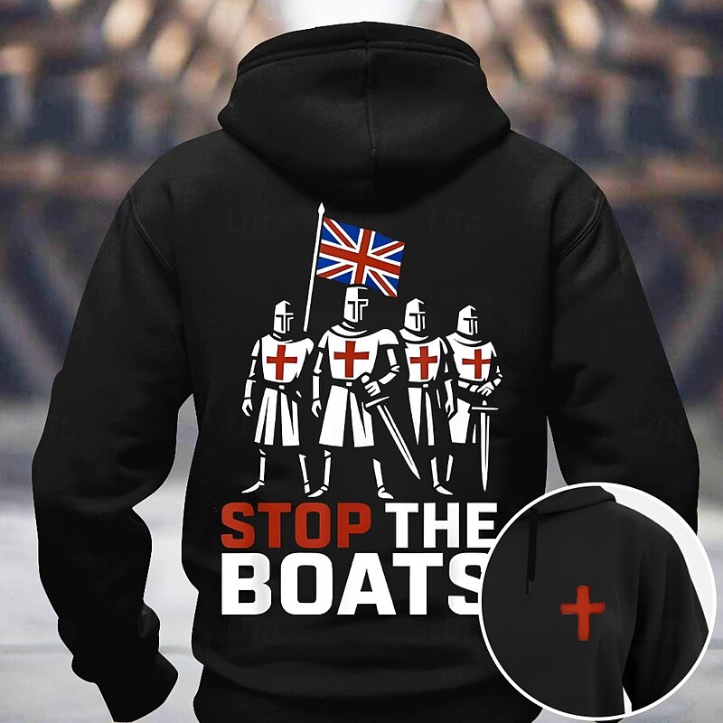 Men's Flag Knights Templar UK Hoodie Sweatshirt Sports Fashion Crew Neck Outdoor Office Streetwear Black Blue Drawstring 3D Fall Winter Designer