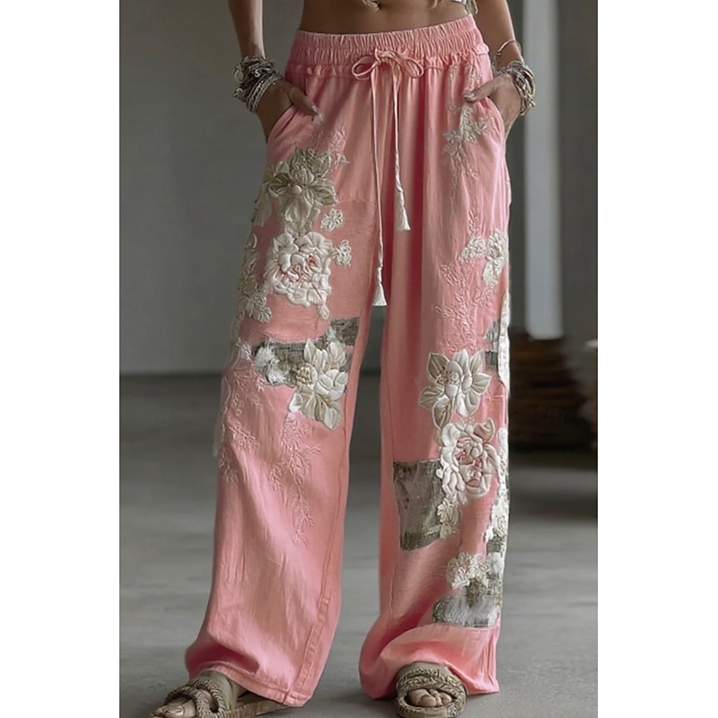 Women's Culottes Wide Leg Wide Leg Vacation Vintage Ethnic Style Full Length High Waist Floral Graphic Quick Dry Breathability Soft Inelastic Formal Outdoor Vacation White Pink Blue Beige Fall Loose4