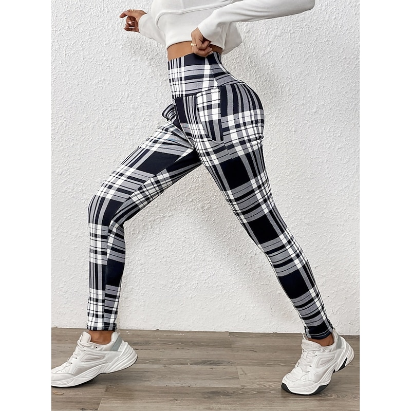 Women's Fleece Pants Chinos Fashion Streetwear Casual Full Length High Waist Plaid Pocket Printing Comfy Soft Comfortable Micro-elastic Outdoor Street Black Red Summer Spring Fall Regular Fit3