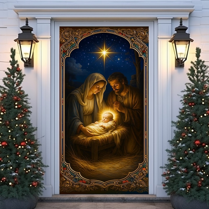 Christmas Door Cover, Holy Family Nativity Scene Door Curtain with Baby Jesus, Mary and Joseph, Religious 2025 Xmas Door Hanging for Holiday Party Home Decor4