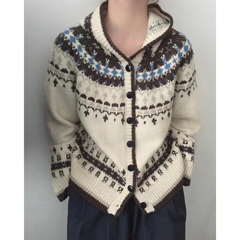 Women's Sweater Cardigan Fair Isle Sweater Fashion Casual Geometric Ribbed Hooded Buttons Knitted Print Long Sleeve Regular Tops Knit Christmas Outdoor Daily Beige Fall Winter4