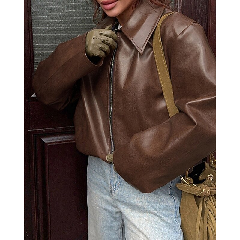 Women's Faux Leather Jacket Warm Comfortable Zipper Fashion Retro Plaid Outdoor Holiday Going out Weekend Regular Turndown Loose Fit Long Sleeve Outerwear Wine Khaki Fall Winter2