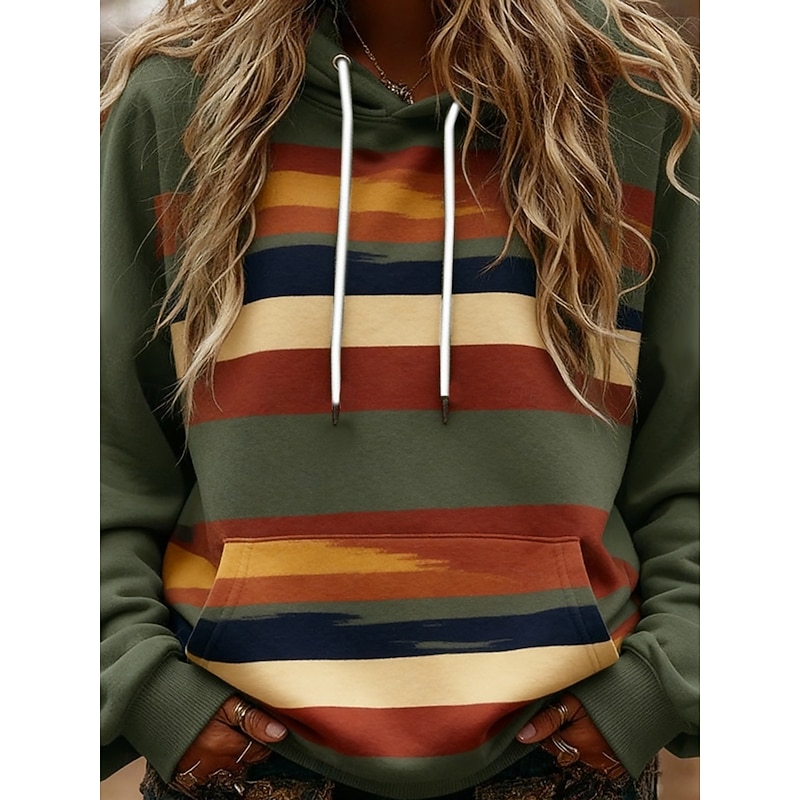 Women's Pullover Hoodies Striped Fashion Streetwear Casual Long Sleeve Hooded Regular Tops Dailywear Casual Sports Drawstring Pocket Print Green Spring Fall2