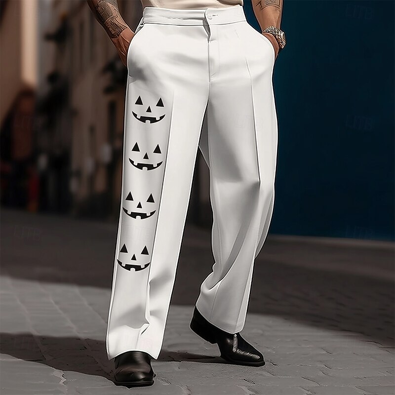 Halloween Men's Pumpkin Face Printed Trousers Dress Pants Suit Pants Mid Waist Casual Holiday Streetwear Printed Spring Fall 3D Print Black White Orange3