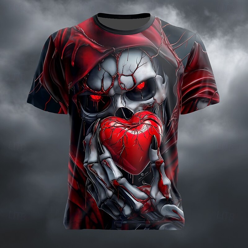 Halloween Men's Optical Illusion Grim Reaper 3D T Shirt Short Sleeve T shirt 3D Print Crew Neck Shirt Exaggerated Designer Horror Party Street Holiday Lake Blue Red Green Summer Spring All Seasons
