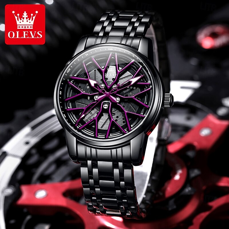 OLEVS 3701 Luxury Quartz Watch for Man 3D Hollowed Rotary Wheel Dial Stainless Steel Waterproof Luminous Men's Wrist Watches4