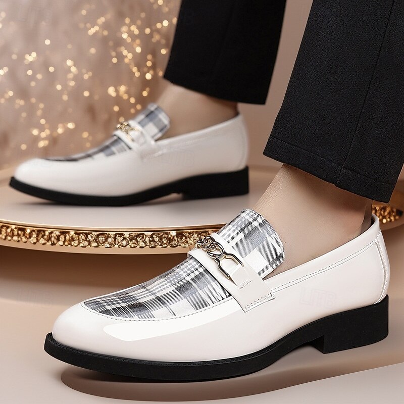 Men's White Plaid Loafers Slip-On Fashion Dress Shoes with Metal Chain Detail for Business Meetings, Evening Parties and Modern Casual Outfits4