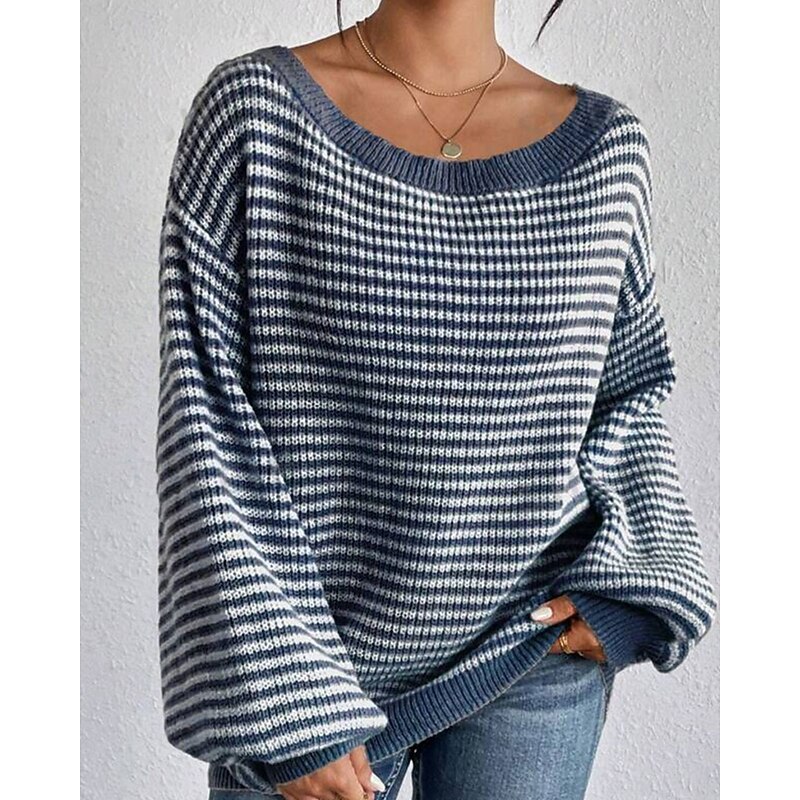 Women's Sweater Pullover Streetwear Casual Striped Off Shoulder Knitted Long Sleeve Regular Tops Knit Holiday Going out Weekend Black Red Fall Winter2