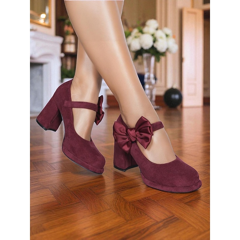 Women's Burgundy Suede Mary Jane Heels with Bow Accent – 1950s Retro Block Heel Party Shoes for Christmas,Vintage Cocktail Party and Elegant Street Fashion