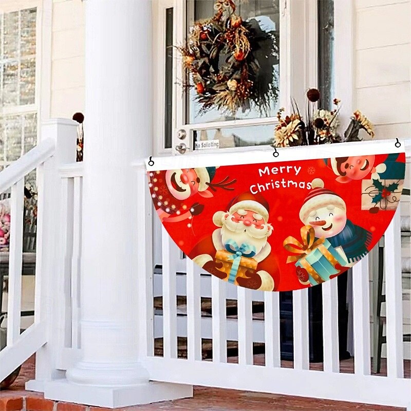 Christmas Fan Shaped Flag Outdoor Hanging Banner, Creative Cartoon Printed Door Window Hanging, Holiday Decoration for Home and Shop2