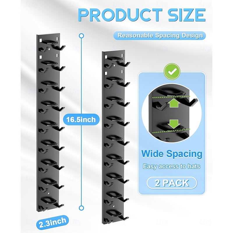 2 Pack Hat Organizer for Baseball Caps, Strong Adhesive Hat Rack for Wall, Multilayer Hat Storage Display Holder, Wall Mounted Hat Hooks Hold up to 18 Hats for Closet Door and Bedroom3