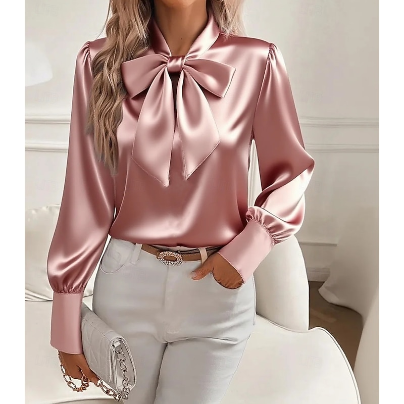 Women's Elegant Dressy Satin Blouse Solid Color Elegant Long Sleeve Tie Neck Regular Tops Bow Black White Pink Khaki Fall4