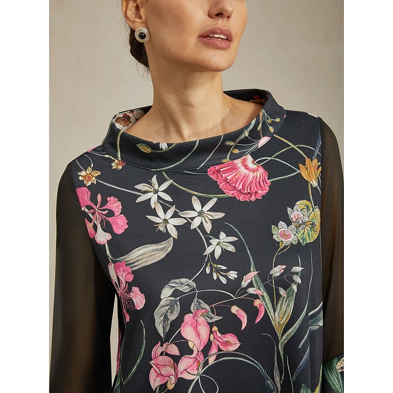 Women's Blouse Black Floral Print Stretch Chiffon Sleeves Bateau Neckline Casual Daily Spring Summer Fall4