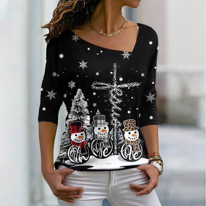 Christmas Women's T Shirt Graphic Santa Claus Snowflake Vintage Stylish Basic Long Sleeve V Neck Regular Tops Weekend Print Asymmetrical Black Winter Spring, Fall, Winter, Summer2