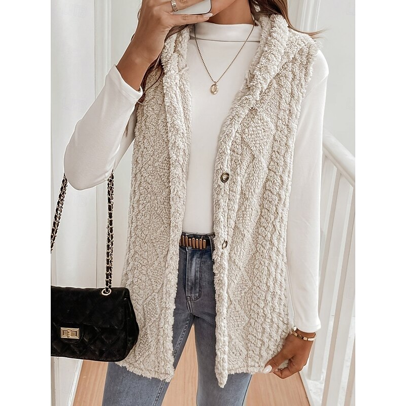 Women's Fleece Vest Comfortable Breathable Buttons Casual Plain Vacation Street Casual Daily Wear Single Breasted Long Hooded Regular Fit Sleeveless Outerwear Black Apricot Spring Fall4