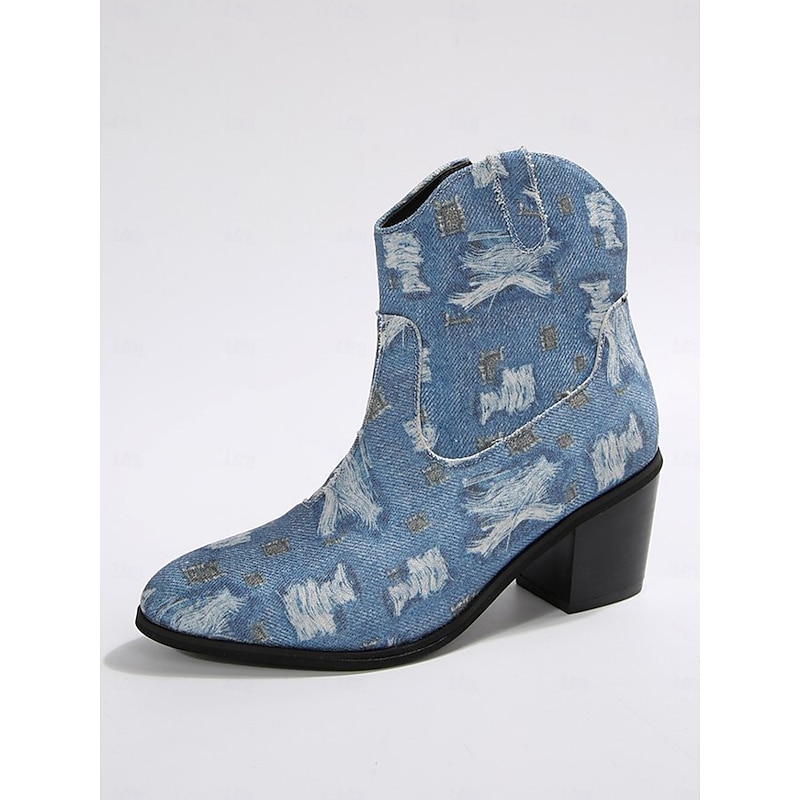 Women's Distressed Denim Blue Ankle Boots – Western Cowboy Chunky Heel Fashion Shoes for Rodeo, Festivals and Casual Outfits3
