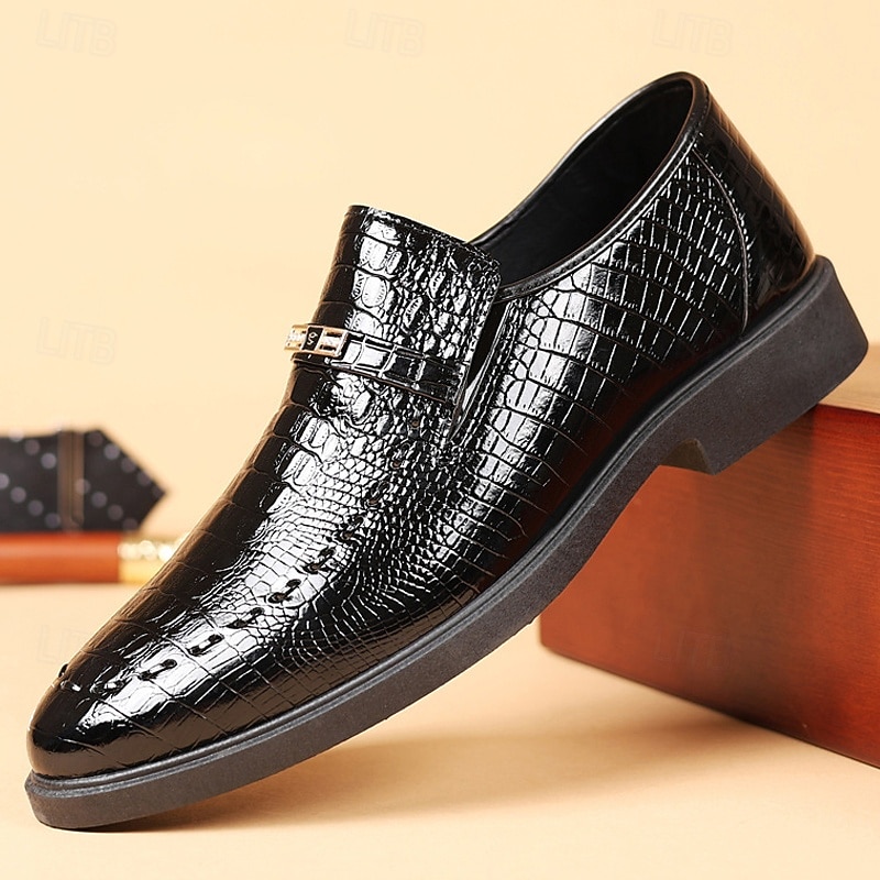 Men's Black Crocodile Pattern Loafers – Faux Leather Slip-On Dress Shoes with Glossy Finish, Elegant Business and Formal Party Footwear
