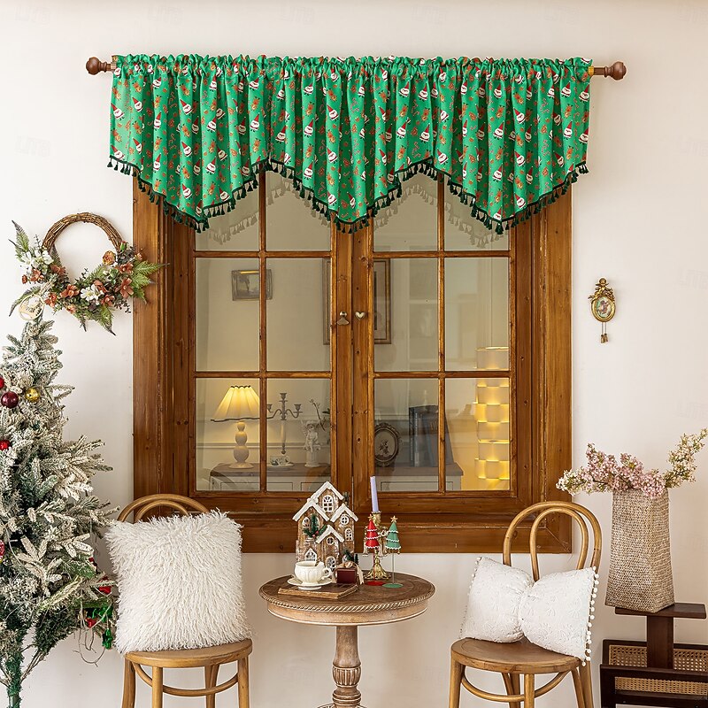 Christmas Valance Curtain with Santa Print, Holiday Window Treatment Drapes for Living Room Bedroom Decoration2