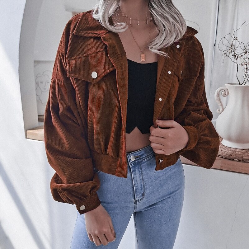 Women's Jacket Casual Jacket Comfortable Pocket Buttons Casual Plain Vacation Street Daily Wear Going out Short Turndown Regular Fit Long Sleeve Outerwear Light Blue Black Wine Fall Winter2