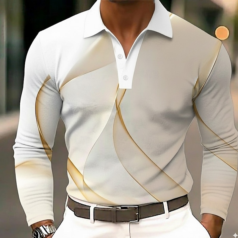 Men's Abstract Geometic Polo Long Sleeve Polo Shirts Lapel Business Casual Outdoor Street Athleisure Daily Wear 3D Print Buttons Spring Fall Winter Blue Gold Green