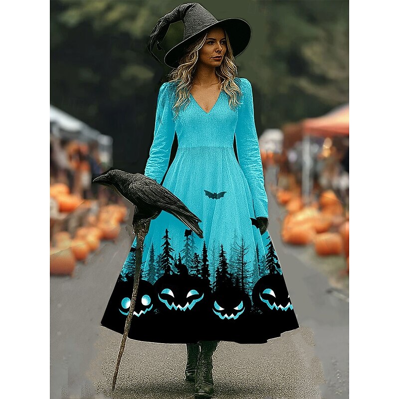 Halloween Women's Witch Print Midi Dress A Line Dress Vacation Casual Wedding Party Birthday Regular Fit Graphic 3/4 Length Sleeve V Neck Pink Blue Orange Spring Fall3