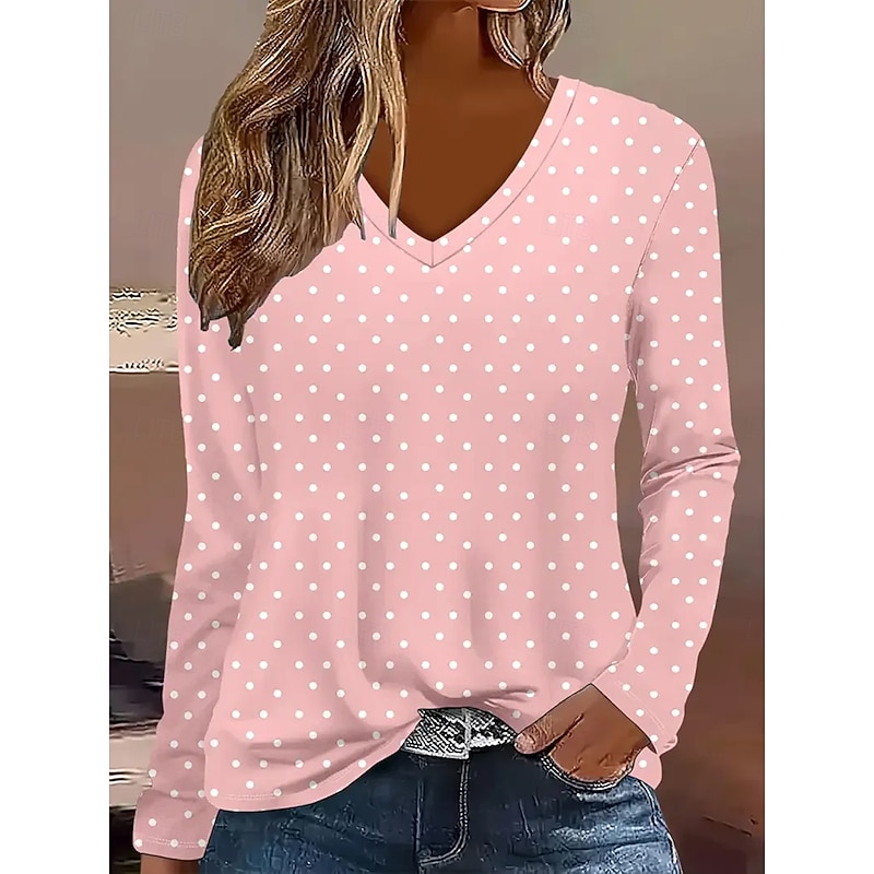 Women's T Shirt Graphic Geometric Polka Dot Vintage Stylish Classic Long Sleeve V Neck Regular Tops Daily Print Pink Spring Fall Winter