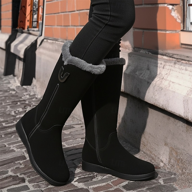 Women's Black Suede Winter Boots with Faux Fur Lining and Side Zipper - Warm and Stylish Mid-Calf Boots for Cold Weather