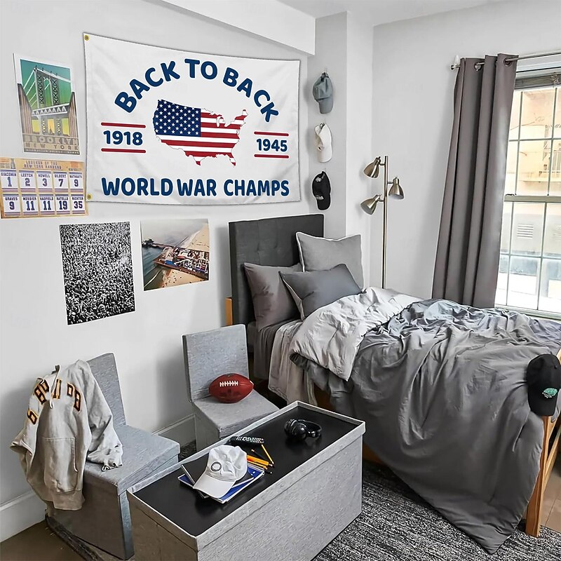 Back To Back World War Champs Flag, 1918-1945 USA World War Humor Banner For Patriotic Decor & Funny Historical Gags4