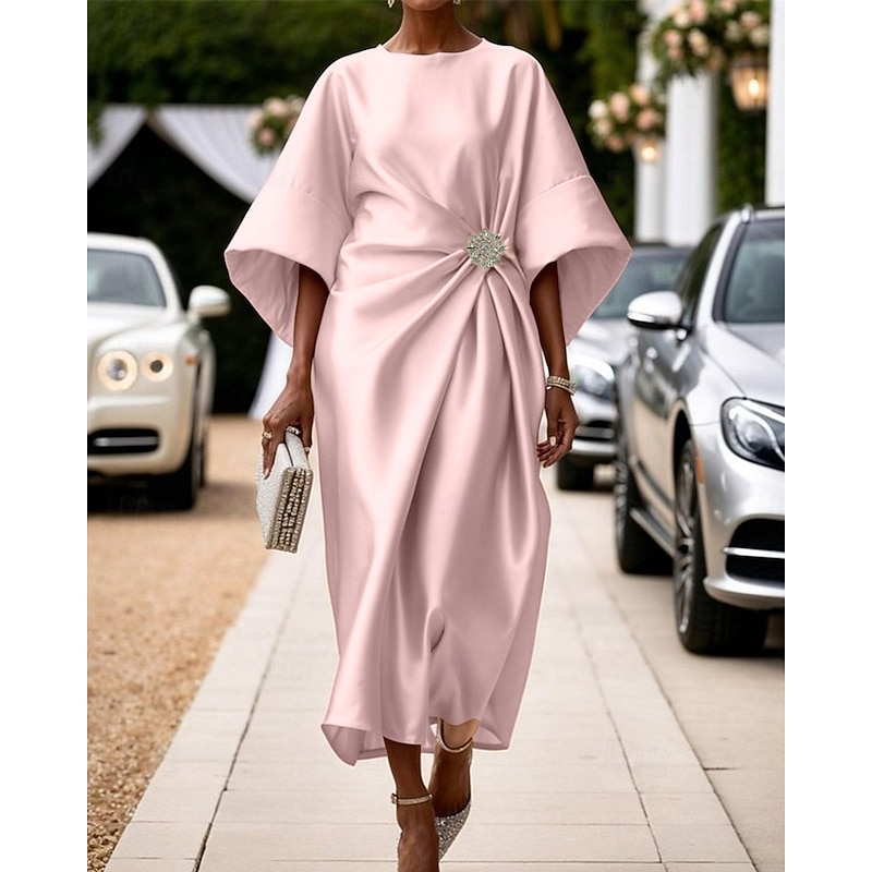 Women's Midi Dress Satin Dress Semi Formal Dress Elegant Fashion Modern Daily Date Weekend Regular Fit Plain Half Sleeve Crew Neck Pink Wine Navy Blue Green Spring Fall