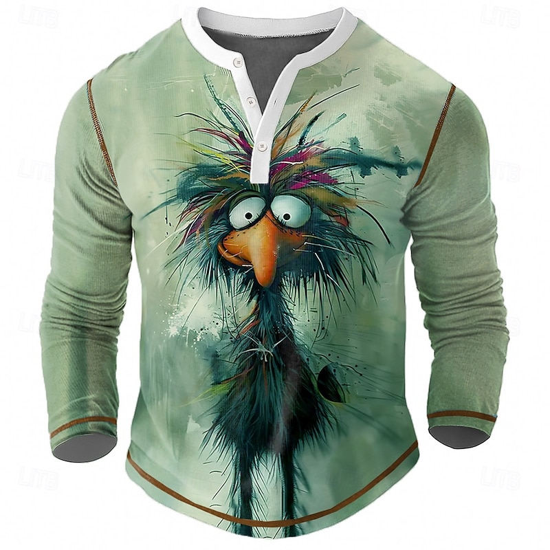 Men's Animal Chicken Henley Shirt Tee Long Sleeve Vintage Fashion Designer Outdoor Casual Daily Spring &  Fall All Seasons Green Brown khaki Henley Henley T-Shirt2