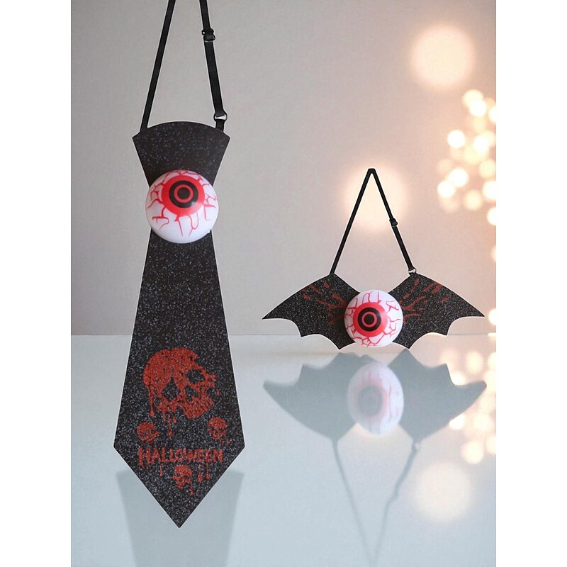 Women's Halloween Glitter Necktie Set - 2pcs Creepy Eyeball and Bat Ties for Costume Party and Cosplay Accessories4