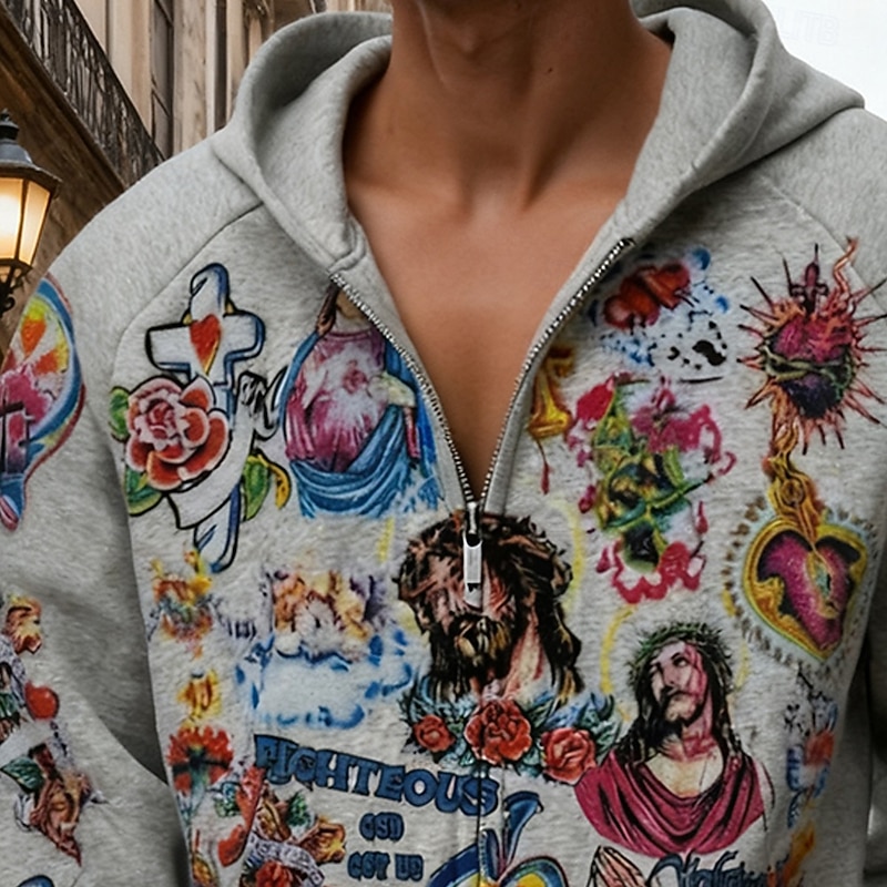 Men's Jesus Hoodie Fashion Daily Hooded Vacation Party Streetwear Gray Zip Up Pocket Printing Spring Fall Designer2