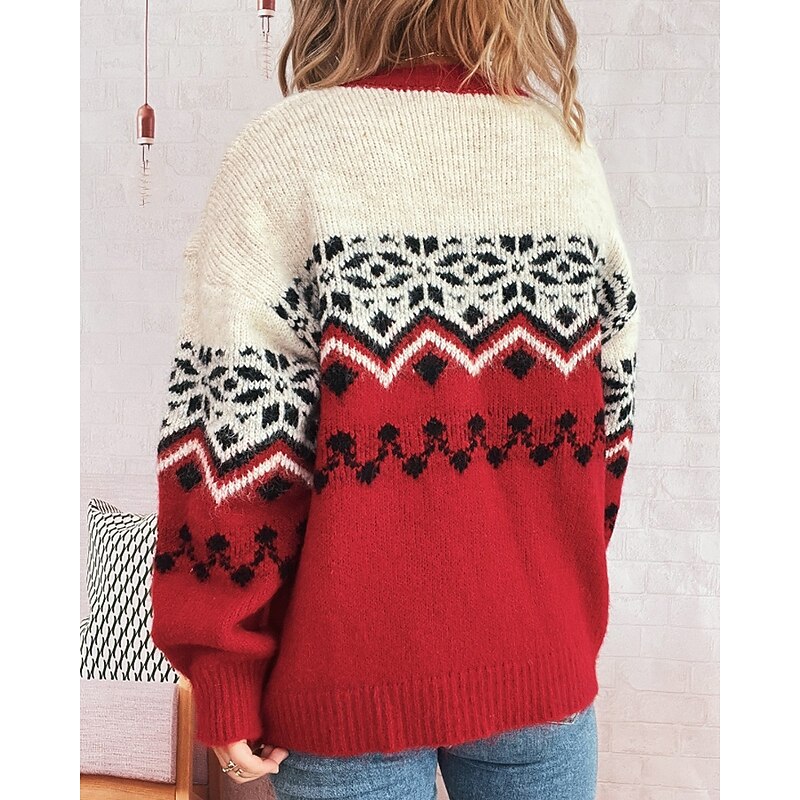 Women's Sweater Cardigan Streetwear Casual Floral Ribbed Crew Neck Buttons Knitted Print Long Sleeve Regular Tops Knit Christmas Outdoor Holiday Red Blue Fall Winter4