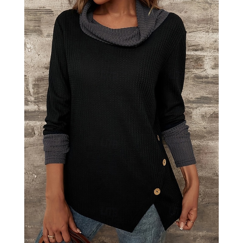 Women's Sweater Pullover Streetwear Casual Color Block Mock Neck Patchwork Knitted Split Long Sleeve Regular Tops Knit Daily Holiday Going out Black Wine Spring Fall